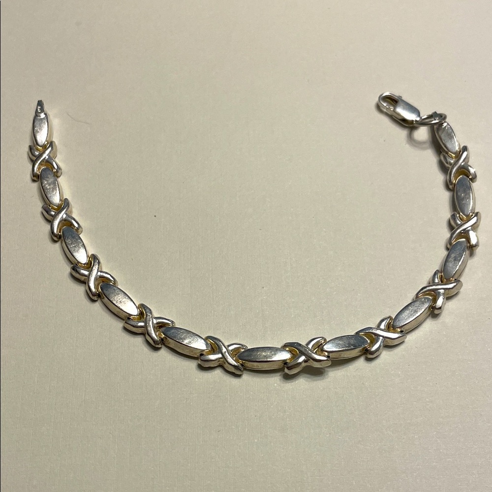 Sterling Silver Puffy Textured Marquise & X Link Stampato Bracelet 7"